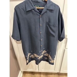 R&R Casuals Mens Large Silk Camp Shirt Navy Blue Embroidered Fish Tropical L